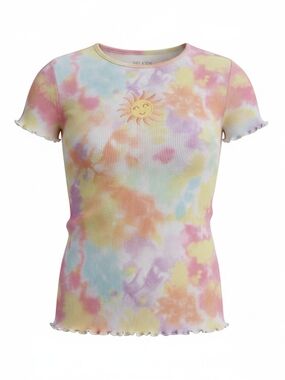 365 Kids Girls Ribbed Pastel Tie-Dye Short Sleeve Top with Sun Embroidery Sze 10